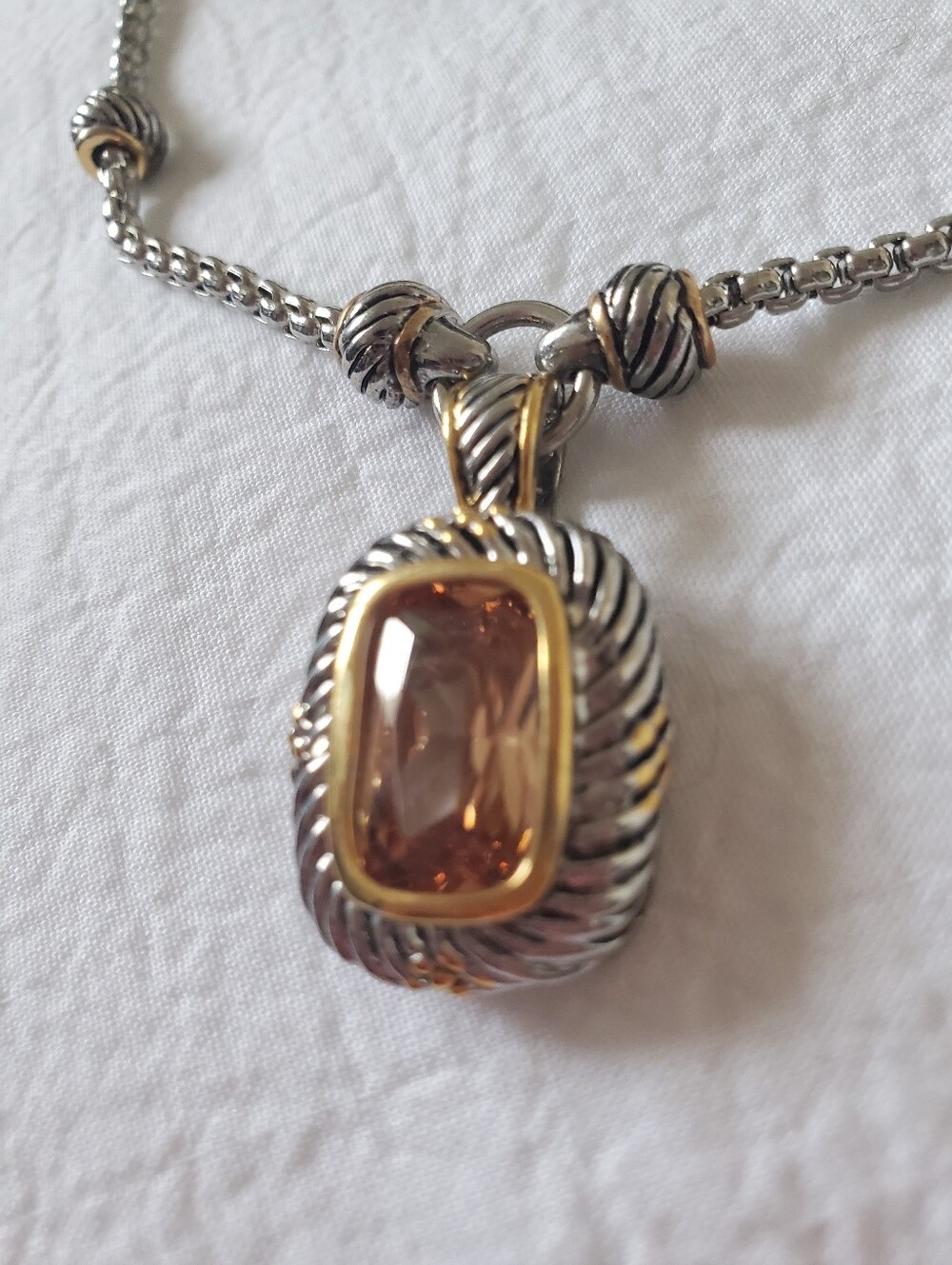 Set Of Two-tone Twisted Rope Yellow Gem Pendant Necklace & Matching Earrings